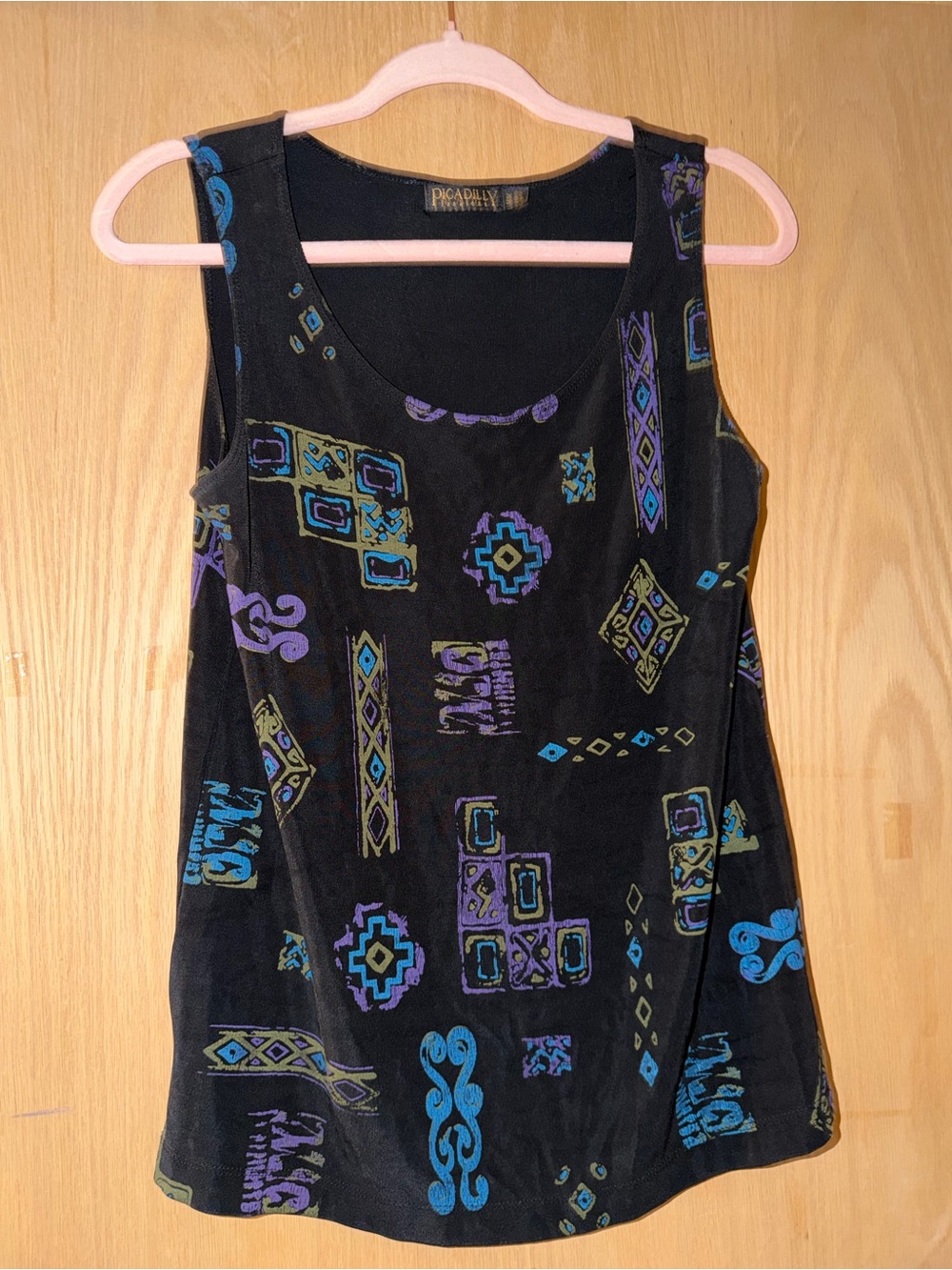 Picadilly Women’s Sleeveless Black Geometric Print Slinky Tank Top Size Medium